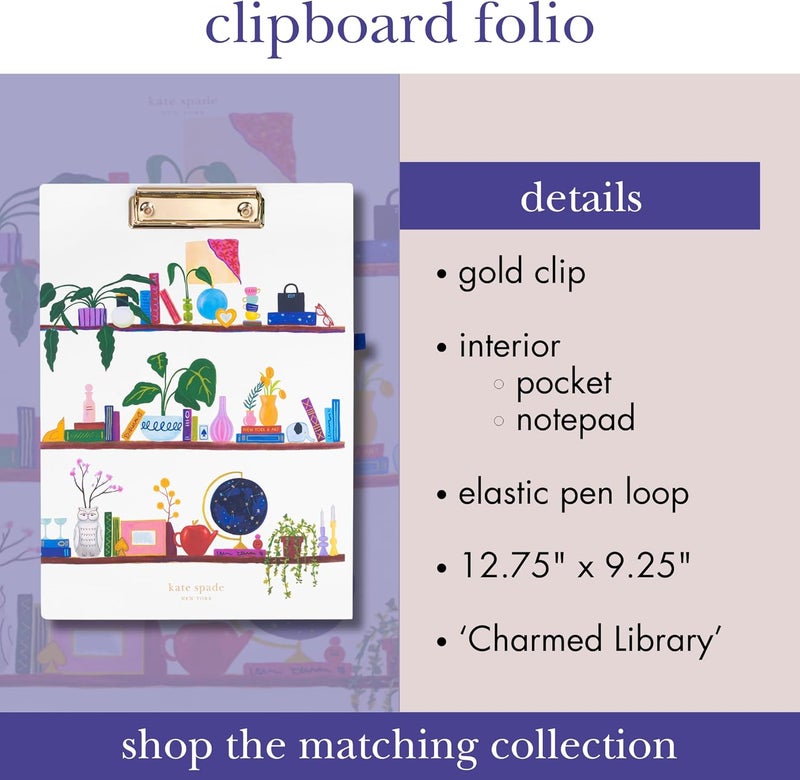 Kate Spade New York A4 Clipboard Folio with Low Profile Clip, Professional Padfolio Includes Lined Notepad, Pen Loop, and Pocket, Charmed Library - Image 4